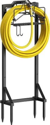 Obrázok produktu pre Kovový stojan na záhradné hadice, voľne stojací, 117 cm, odnímateľná kovová záhradná hadica, organizér na uloženie, robustný stojan na záhradnú truhlicu, čierny