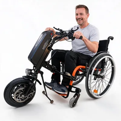 Produktbild von Elektrischer Rollstuhl-Antrieb 500W mit 36V 13Ah Lithium-Akku, 40 km Reichweite, 12 Zoll Vorderrad, Doppel-Scheibenbremse, Handbike Umbausatz für manu