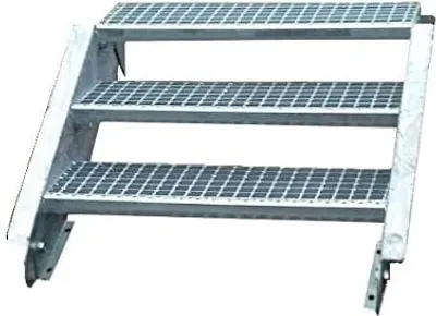 A three-step metal staircase with a galvanized finish.