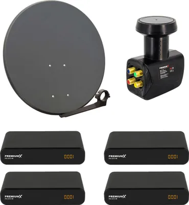 Produktbild von PremiumX Satelliten-Komplettanlage 4 Teilnehmer 80cm Satellitenschüssel SAT Quad LNB 4x HD TV Digital Receiver inkl. HDMI-Kabel