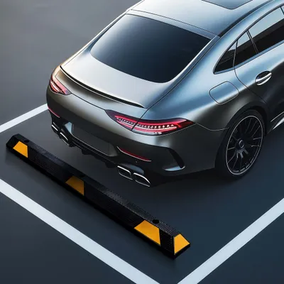Produktbild von Wiltec Radstopper 165 x 15 x 10 cm, Einparkhilfe aus Gummi, Parkplatzbegrenzung mit gelben Reflexionsstreifen & Schraubrillen, Parkplatzsperre für Garage