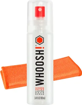 A bottle of WHOOSH screen cleaner and two orange microfiber cloths.