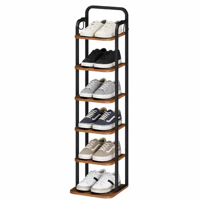 Produktbild von Vertikales Schuhregal, 6-stöckig, Platzsparend, Braun und Schwarz | Schuhturm für Kleine Räume, Freistehend, Verstellbar
