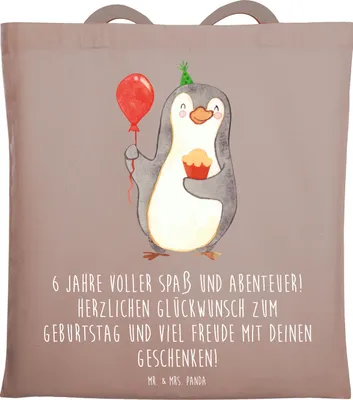 Produktbild von Mr. & Mrs. Panda Schultasche 6. Geburtstag Freude - Braun Pastell - Geschenk, Geburtstagssprüche, Geburtstagsgeschenk, Tasche, Laptoptasche, Happy Birthday, Shopping
