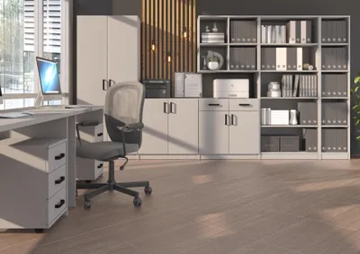 Produktbild von Set MALEX II – Komplettes Büromöbel-Set aus Schreibtischen, Bürocontainern, Unterschränken, Regalen, Hängeregal und Aktenschrank in Grau