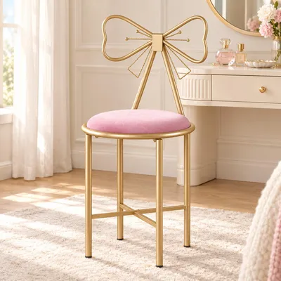 Image de WISFOR Chaise de coiffeuse, tabouret avec dossier nœud, assise en velours rose, structure dorée