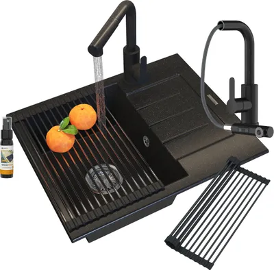 Zdjęcie produktu dla Granitan | Zlewozmywak granitowy – 57,4 x 46,4 cm – czarny – bateria mieszająca EBRO, zestaw akcesoriów i ociekacz – MILANO