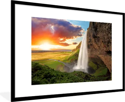 Produktbild von MuchoWow® Gerahmtes Poster Wasserfall - Felsen - Sonnenuntergang - Berge - Orange 90x60 cm - Poster mit Schwarzem Bilderrahmen Wandposter Rahmen Foto Bilder - Wanddekoration - Fotos