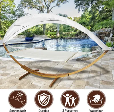 Produktbild von Wolketon Hängematte Hängematten mit Gestell und Sonnendach Hammock aus Wetterfestem Lärchenholz bis 200kg Stabhängematte für 2 Personen Outdoor und Indoor