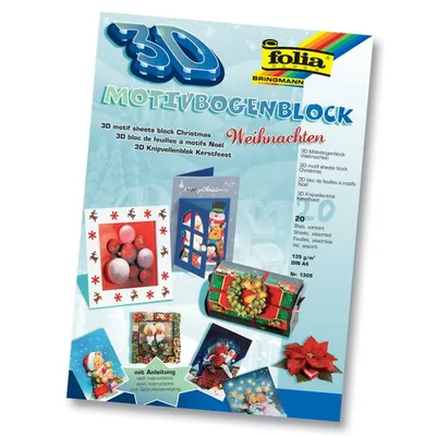 Produktbild von Folia 3D Motivbogenblock Bastelset Weihnachten, 20 Bogen DIN A4, mehrfarbig, 20-teilig (1 Set)