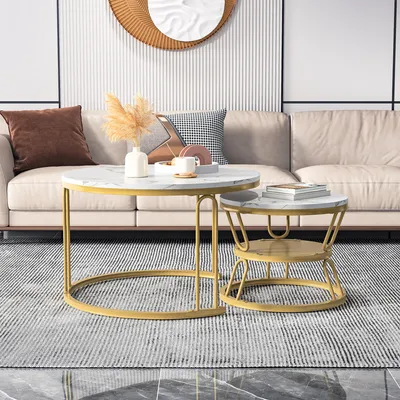 Produktbild von CDGlobal Couchtisch Rund 2er Set, mit Stauraum, Marmor Couchtisch, Schwarz Metallgestell, Wohnzimmertisch Weiß, Beistelltisch Metall,Satztische fürs Wohnzimmer, Schlafzimmer, Balkon (Weiß & Schwarz)
