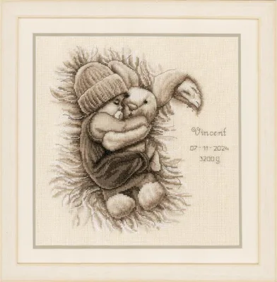 Produktbild von Vervaco gezähltes Kreuzstich-Set "Baby mit Plüschhase", 29x29cm, zum Selbermachen