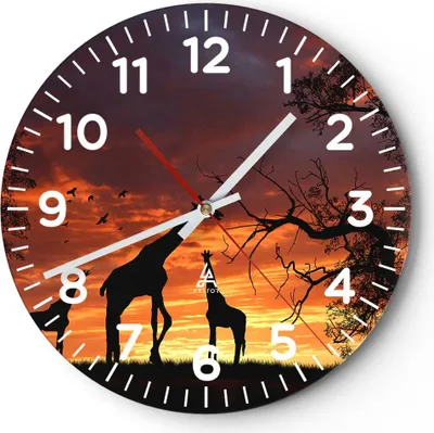Produktbild von Wanduhr - Rund - Glasuhr - Giraffe Afrika Sonne Safari - 40x40cm - Schleichendes Uhrwerk - Lautlos - zum Aufhängen bereit - Dekoration Modern - Wanddekoration aus Glas - C4AR40x40-0507