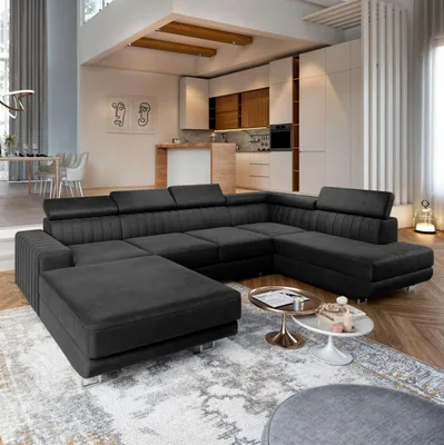 Produktbild von Masseno Ecksofa SIENA R-S mit Schlaffunktion U-Form, Sofa mit Bettkasten, Wohnzimmersofa, Couch, Soffa, Bettsofa, Couchgarnitur- Schwarz, MONOLITH 95