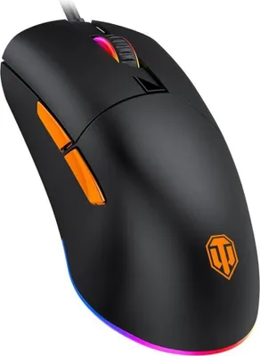 A black gaming mouse with orange buttons and RGB lighting.