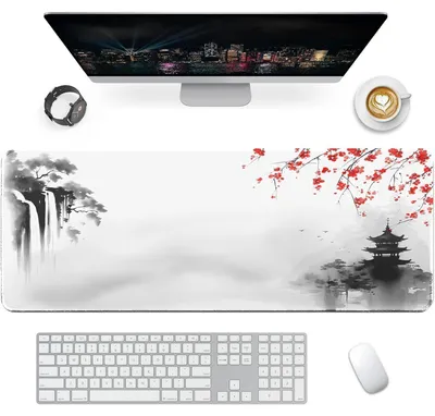 Productafbeelding van XXL Gaming muismat, 900x400mm, bureauonderlegger met antislip rubberen basis, Zen-waterval design