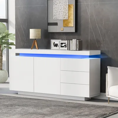 Produktbild von STILVORA Sideboard mit LED-Lichtstreifen per App,Beistellschrank Grifflos mit 3 Schubladen und Doppeltür,Aufwahrungschrank aus Spanplatten,Weiß