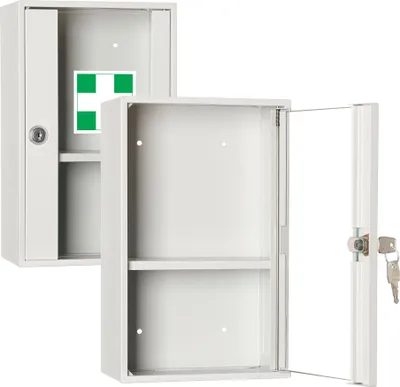 Produktbild von LEOMAR | Medizinschrank mit Glastüren aus Stahlblech | Abschließbare Hausapotheke mit 1 Ablage & 2 Schlüsseln | Erste-Hilfe-Schrank | 12x20x32 cm