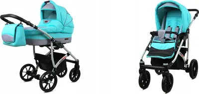 Two images of a baby stroller set, one as a bassinet stroller and the other as a seat stroller.