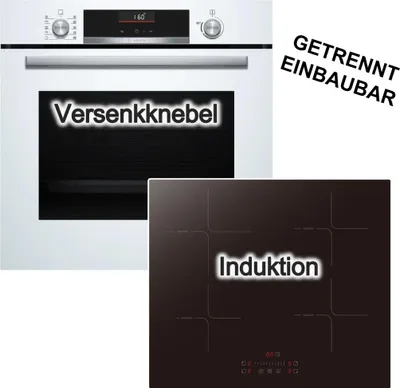 Produktbild von Herdset BOSCH Einbaubackofen weiß Versenkknebel EcoClean + PKM Induktionskochfeld schwarz Booster Touch Slider