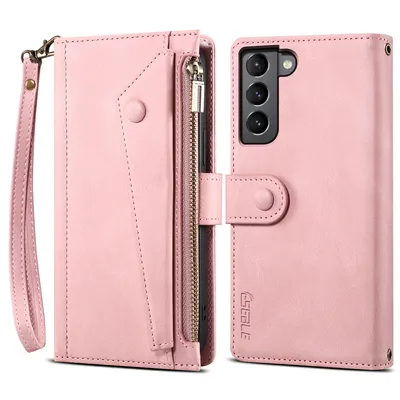 Image de Etui de protection pour Samsung Galaxy S23+ étui en cuir avec fermeture éclair, portefeuille pliable avec fente pour cartes, support et boucle Rose