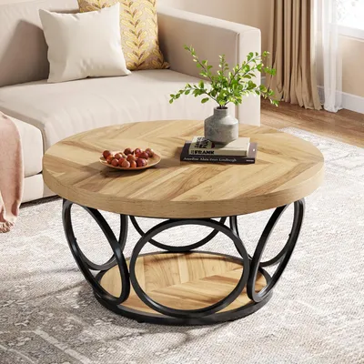 Immagine prodotto di Tavolino rotondo da salotto, diametro 80 cm - Tavolino da caffè in legno con 2 ripiani e spazio contenitivo, in stile rustico