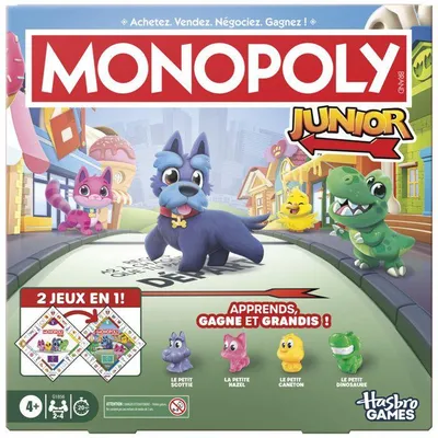 Zdjęcie produktu dla Monopoly Junior 2 w 1 – gra planszowa, dwustronna plansza, 2–4 graczy, 20 min, wersja francuska, od 4 lat, wydanie 2026