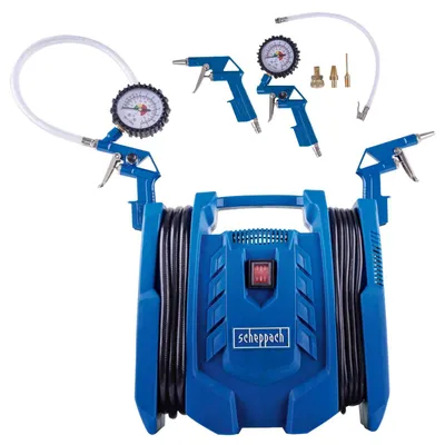 Produktbild von Scheppach Kompressor Airforce 7 - 230V | 8 bar Arbeitsdruck | 180 L/min | ölfrei & mobil 8m Arbeitsradius | inkl. Reifenfüller, Luftpistole & Adapter