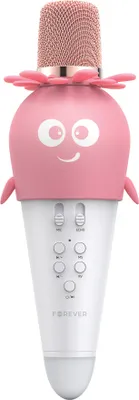 A pink and white karaoke microphone with a cartoon face.