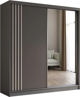 Produktbild von AGMAT Schwebetürenschrank Lugo, Kleiderschrank mit 2 Türen und Spiegel, Moderne Garderobe in Farbe: Graphit / Graphit, Schrank in Größe: 200 x 216 x 61 cm