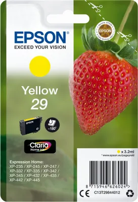 Produktbild von Epson Strawberry Singlepack Yellow 29 Claria Home Ink, Standardertrag, Gelb, Tinte auf Pigmentbasis, 3,2 ml, 1 Stück(e), 180 Seiten