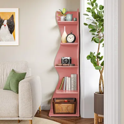 Image de LITTLE TREE Étagère d'angle, étagère moderne étroite à 6 niveaux, 50 x 48 x 179 cm, étagère en bois, étagère sur pied au design ondulé pour petits espaces, rose
