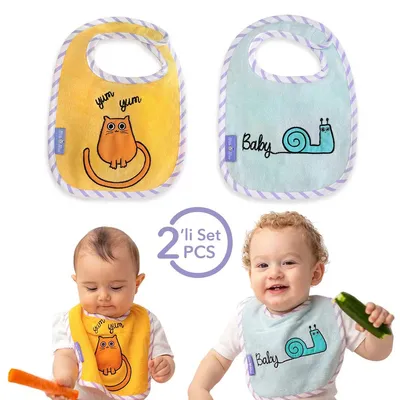 Image de Milk&Moo Tombish Cat et Sangaloz Set de bavoirs pour bébé 2 pièces, bavoirs pour tout-petits avec fermeture velcro, 30 x 22 cm, orange-bleu, Türkiye Made