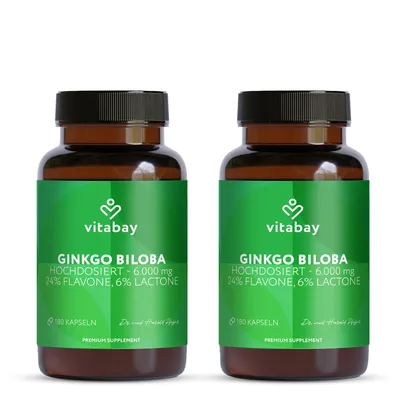 Produktbild von Vitabay Ginkgo Biloba 6000mg Hochdosiert - 360 Ginkgo Kapseln - 2er-Pack - Kapseln mit 24% Flavone & 6% Lactone - Hochdosiert und Vegan