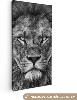 Zdjęcie produktu dla MuchoWow® - Obraz na płótnie - Zwierzęta - Lew - Czarny - Biały - Portret, fototapeta, dekoracja ścienna, obrazy do salonu, 20x40cm