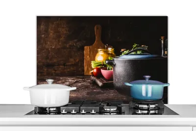 Produktbild von KitchenYeah®  Spritzschutz Küche - Küchenrückwand - Wandschutz für Herd und Spüle - Rustikal - Stilleben - Pfanne - Gemüse 90x60 - Alu-Dibond (Alternative zum Spritzschutz aus Glas) - Hitzebeständig -