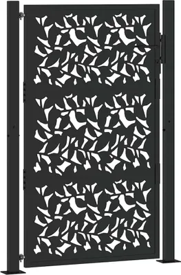 A black metal garden gate with a leaf design.