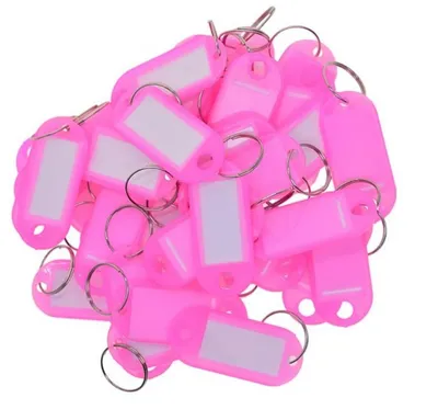 Immagine prodotto di Confezione da 100 portachiavi personalizzabili, monocolore - colore rosa - targhette per chiavi con anello personalizzabili | Portachiavi personalizzabile | Portachiavi in plastica con etichette sostituibili