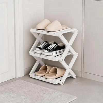 Immagine prodotto di Scaffale per scarpe, 3 ripiani, bianco, pieghevole, in bambù, 27x26x39 cm