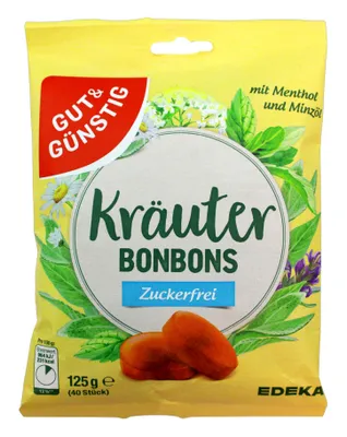 Produktbild von Gut & Günstig Kräuterbonbons mit Menthol und Minzöl zuckerfrei, 14er Pack (14 x 125g Beutel)