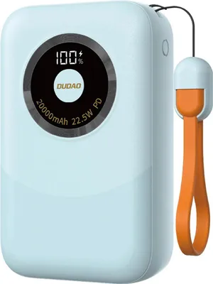 A light blue power bank with a digital display and an orange wrist strap.