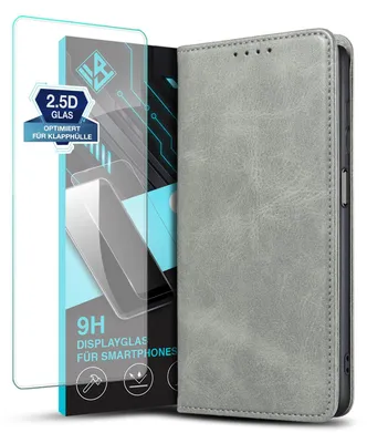 Produktbild von Handyhülle für Samsung Galaxy A05s mit 9H Displayglas Kunstleder Flip Cover Hülle Handytasche Case Kartenfach Farbe: Grau
