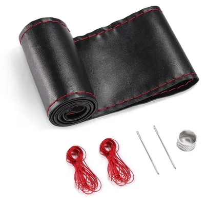 Immagine prodotto di Copertura per volante in vera pelle nera con linea rossa, adatta a volanti rotondi e a forma di "D" con diametro di 37-39 cm