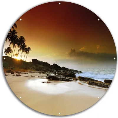 Produktbild von Wallario rundes Outdoor-Poster für Garten oder Balkon, Motiv Sri Lanka - Palmenstrand mit Sonnenuntergang, 60 cm Durchmesser