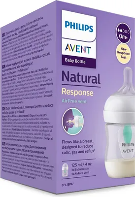 The image shows the packaging of a Philips Avent baby bottle.