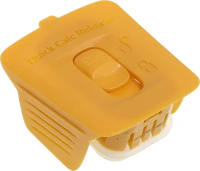 A close-up, angled view of a yellow plastic part with text and a button.