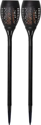 Produktbild von Star Trading 480-09 LED-Solar-Fackel "Flame", 2er Set schwarz, Kunststoff, imitiert Feuer, je ca. 9x50 cm, Solarpanel, Akku, outdoor, Vierfarb-Karton