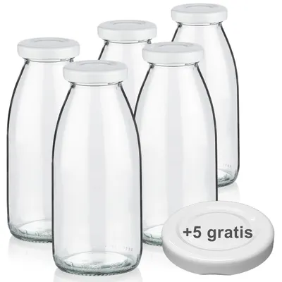 Produktbild von Milchflaschen 0,25L Smoothie Saft Flaschen 250ml leere Glasflaschen Deckel BPA frei, 5 Milchflaschen mit 10 Deckeln