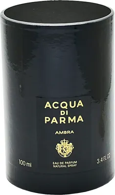 A black cylindrical box for Acqua di Parma Ambra Eau de Parfum.