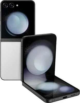 Two Samsung Galaxy Z Flip5 phones are shown against a white background. One phone is closed and standing upright, while the other is open and lying flat.